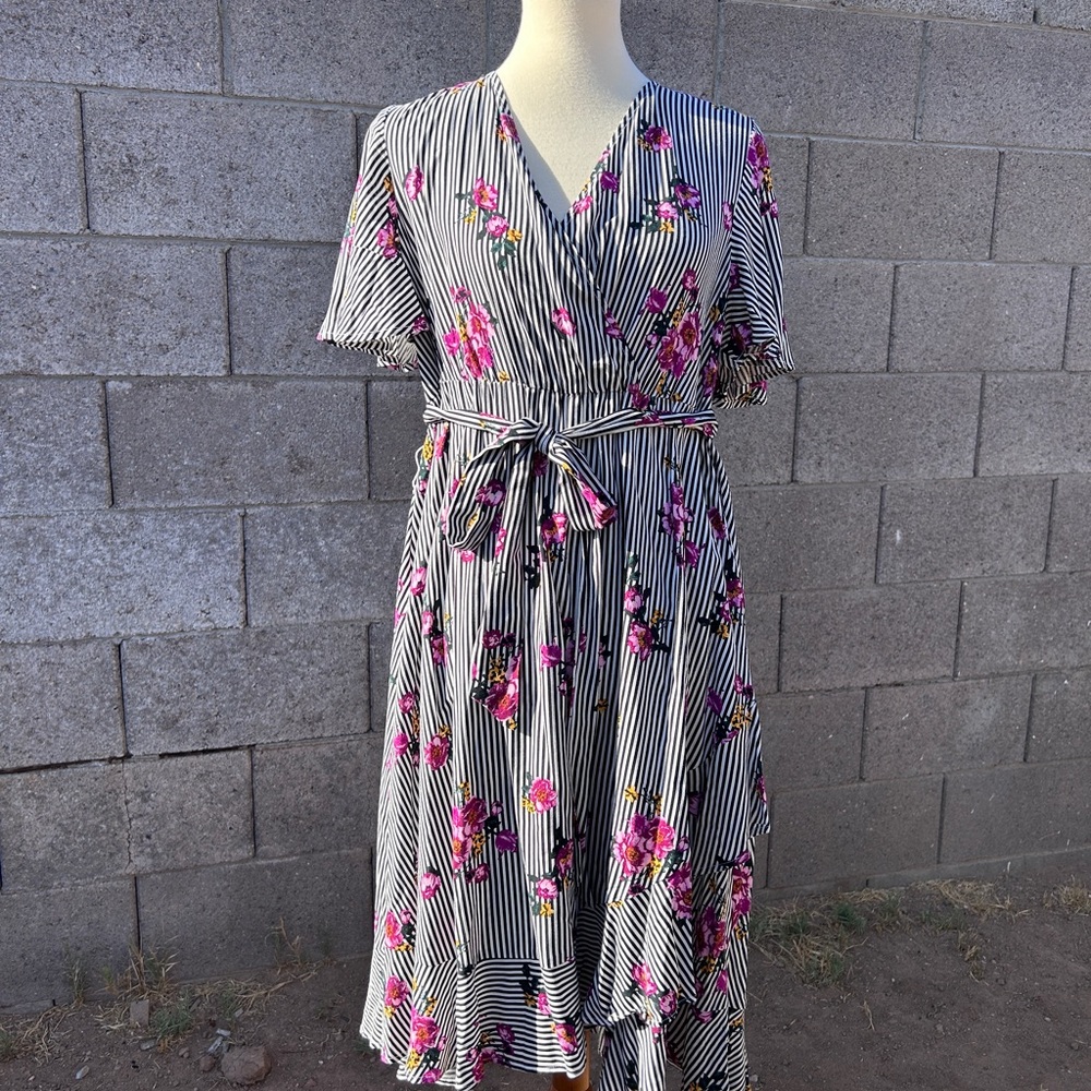 Torrid Black & White Stripe Floral Faux Wrap Dress